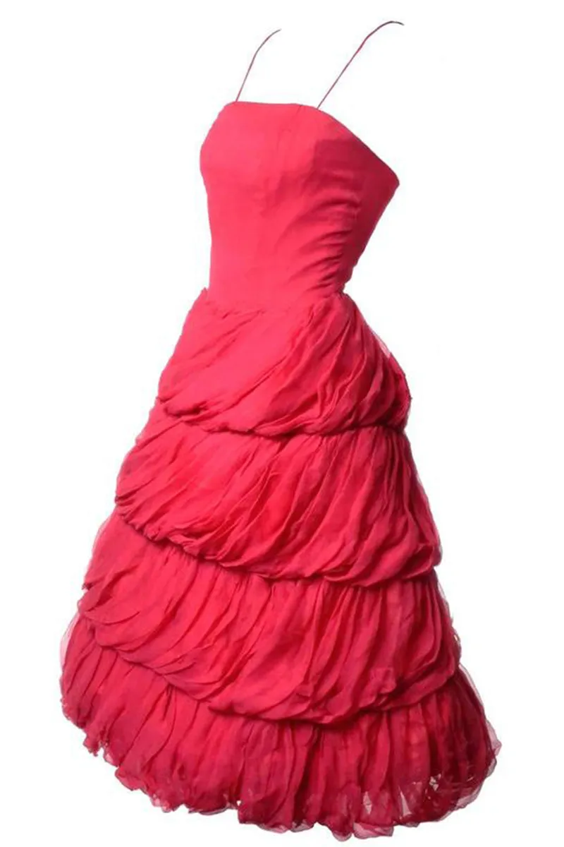 1950s Frank Usher Vintage Dress in Tiered Fine Red Silk Chiffon