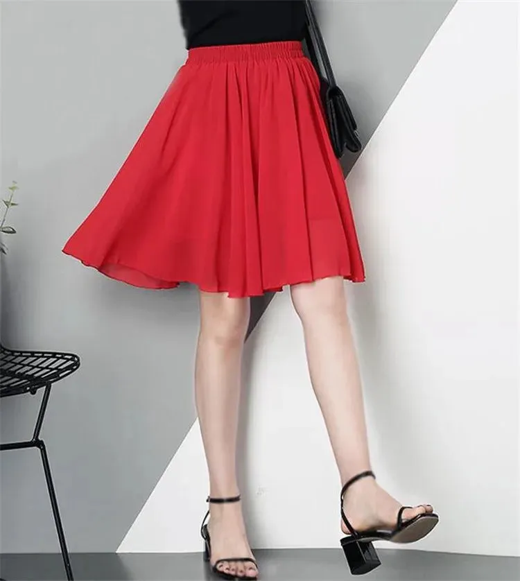 2024 Summer sexy Chiffon Pleated Elastic Skirt Casual Vintage High Waist Skirts Womens Midi Vestidos red black mini etekler