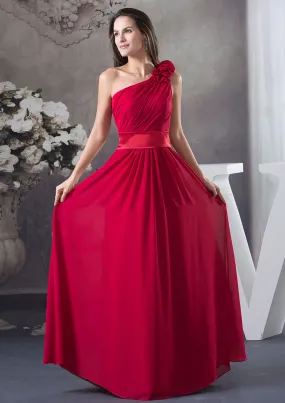 A-Line One-Shoulder Floor-Length Chiffon Bridesmaid Dress, Pleated Flowers