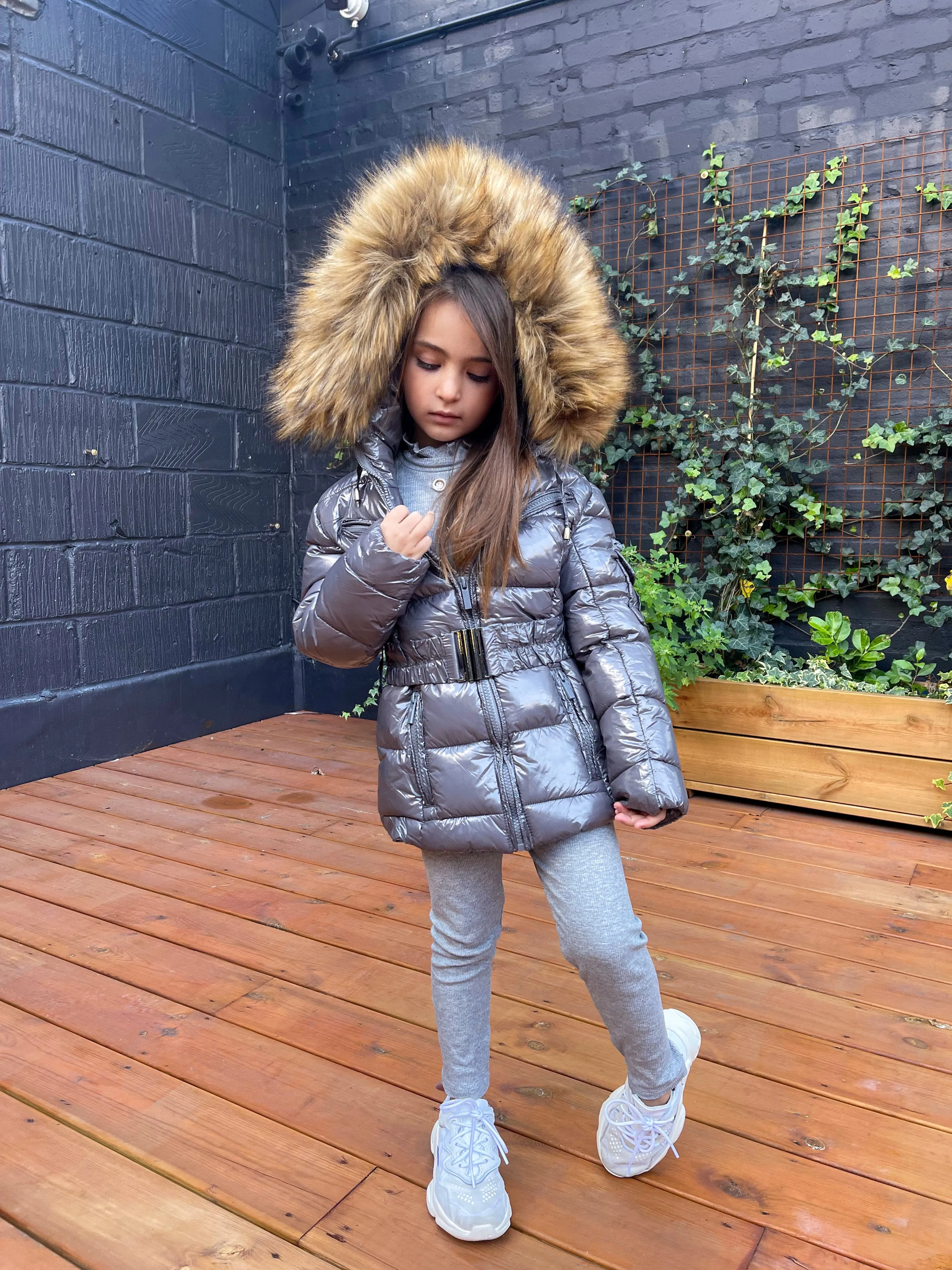 Abbie Belted Metallic Kids Coat - Grey