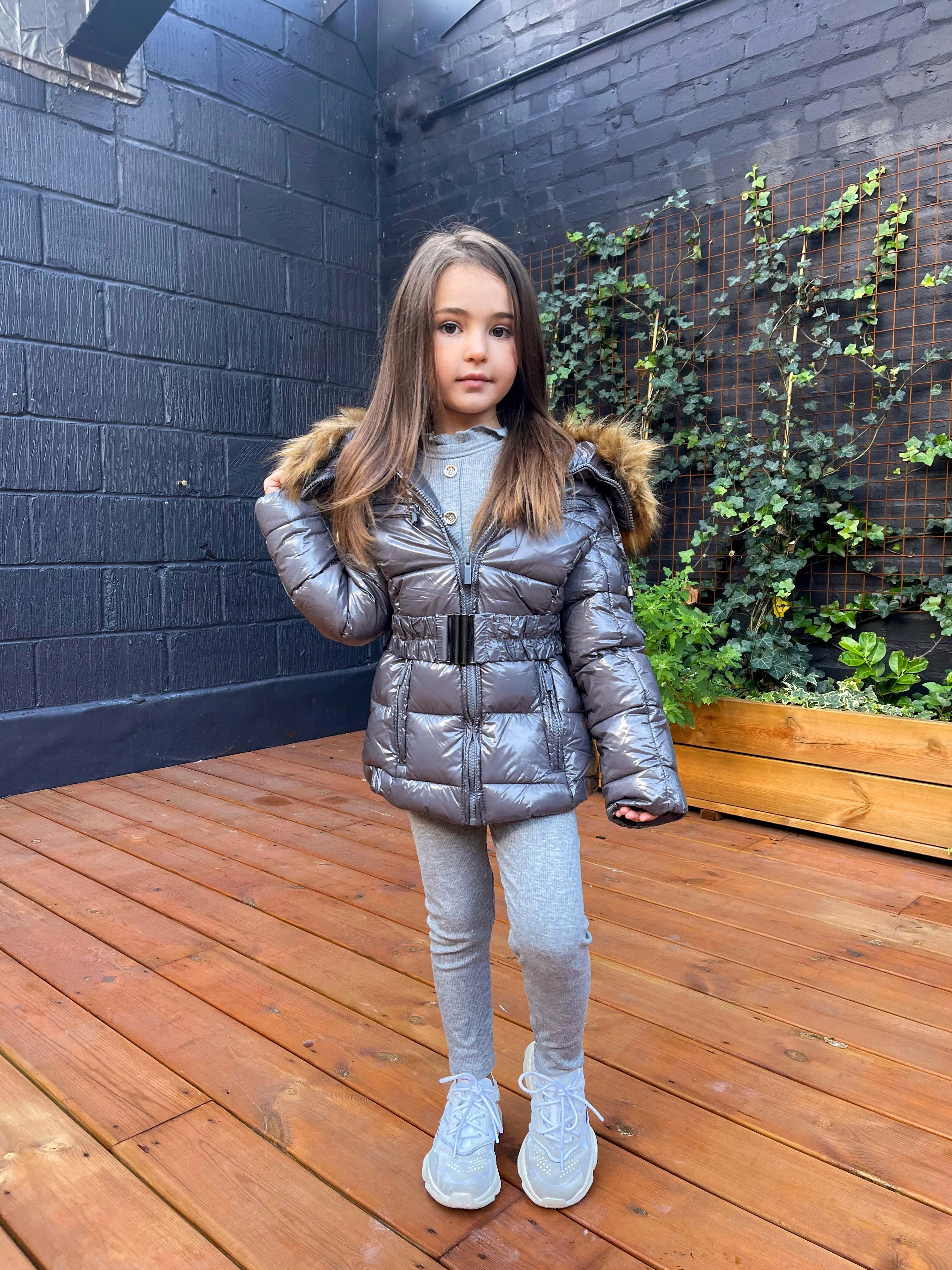 Abbie Belted Metallic Kids Coat - Grey