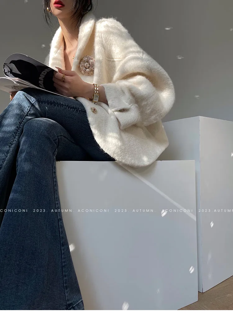 Aconiconi Luxury White Lapel Long Sleeve Thick Wool Winter Coat- Murmuring Snow