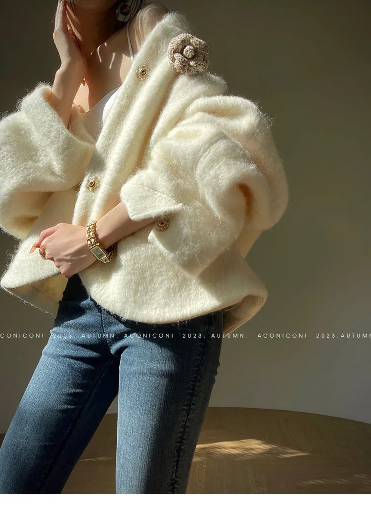 Aconiconi Luxury White Lapel Long Sleeve Thick Wool Winter Coat- Murmuring Snow