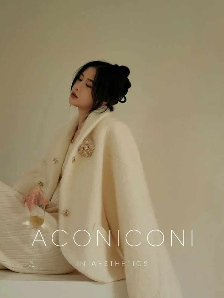 Aconiconi Luxury White Lapel Long Sleeve Thick Wool Winter Coat- Murmuring Snow