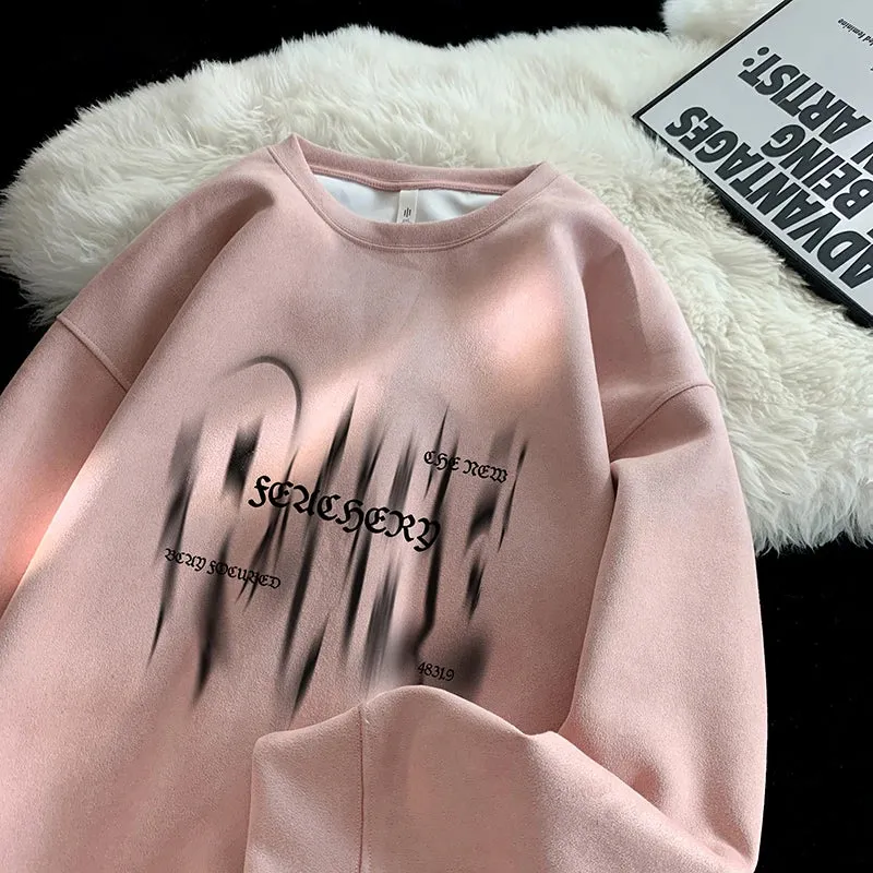 Aidase Suede Heavyweight Sweatshirt Gothic Print Round Neck Pullover Sweatshirts High Street Couple Hoodie Male Female Clothes