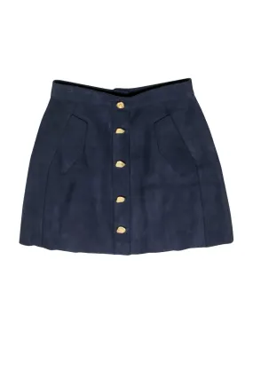 Aje - Navy Suede Miniskirt w/ Gold Buttons Sz 8