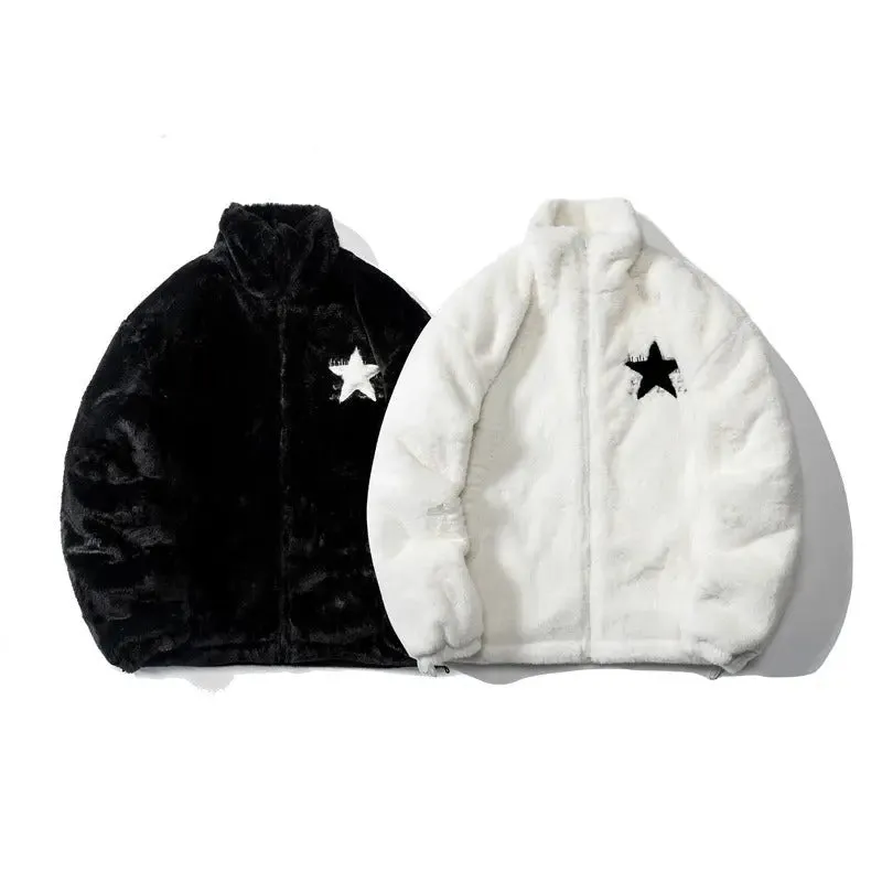 American five pointed star imitation rabbit fur cotton coat for men