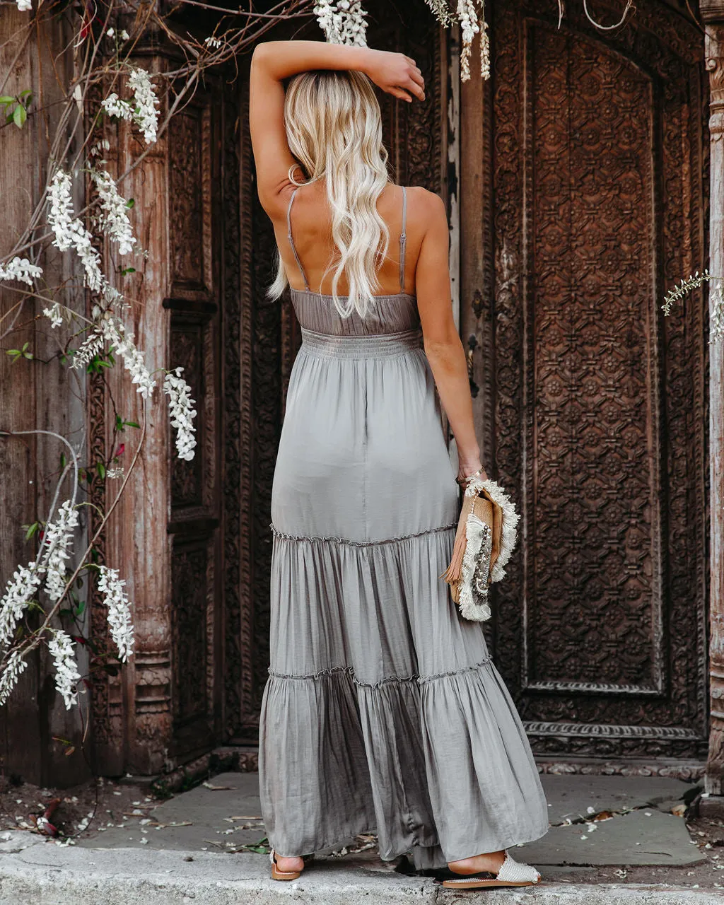 April Rain Pocketed Cutout Maxi Dress - Silver Olive