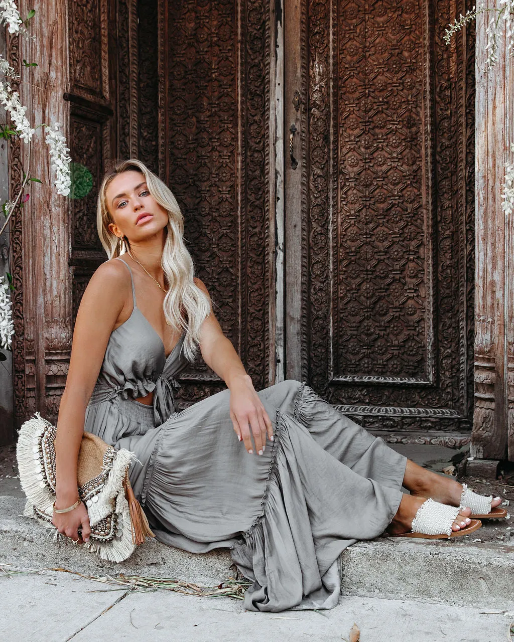 April Rain Pocketed Cutout Maxi Dress - Silver Olive