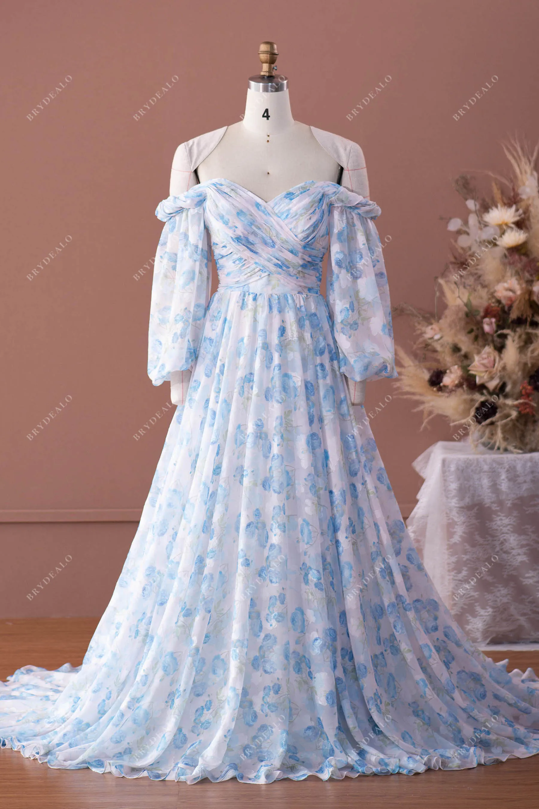 Balloon Sleeve Pleated Flowing Floral Chiffon A-line Wedding Dress