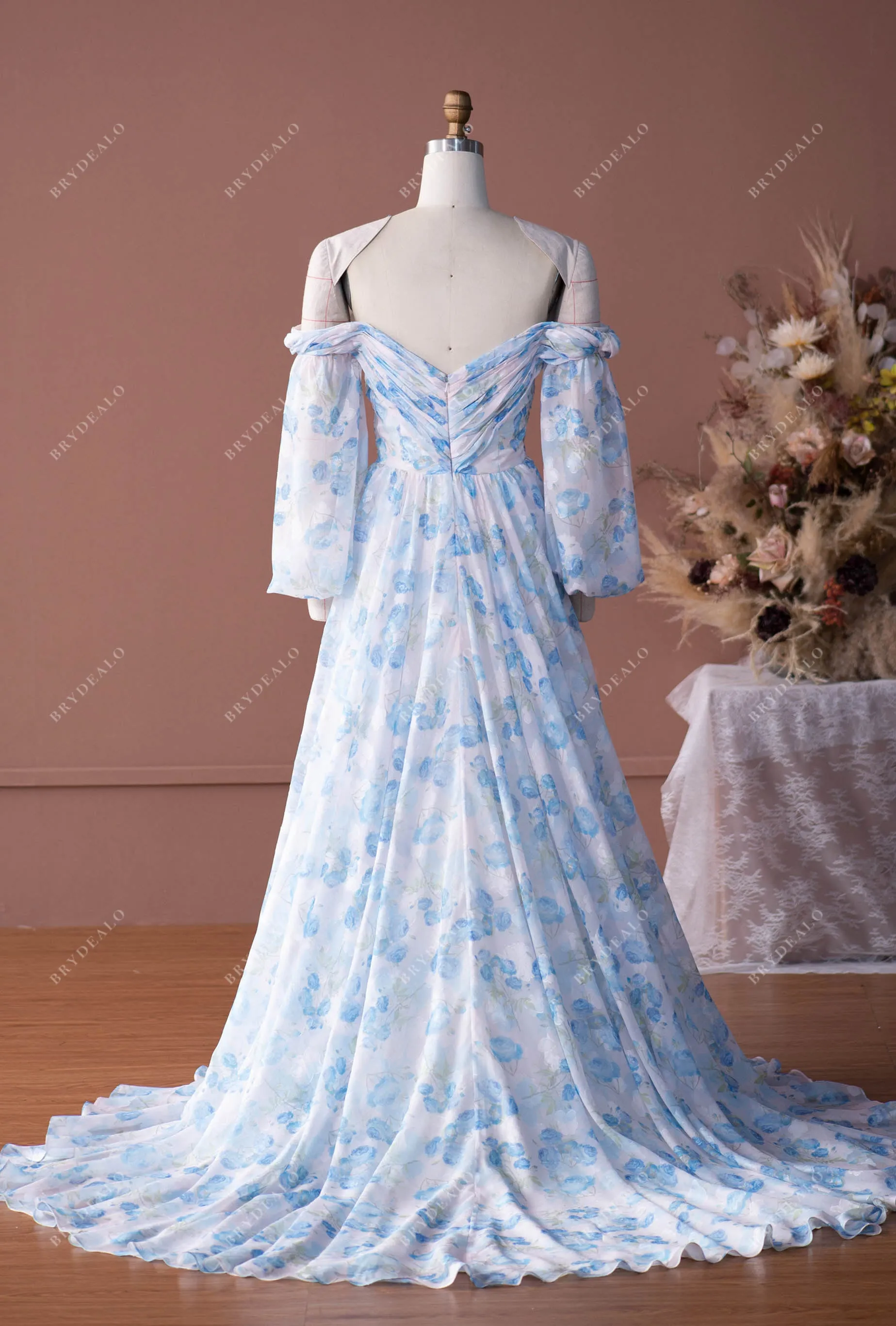 Balloon Sleeve Pleated Flowing Floral Chiffon A-line Wedding Dress