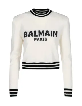 Balmain Logo Intarsia-Knit Crewneck Cropped Jumper