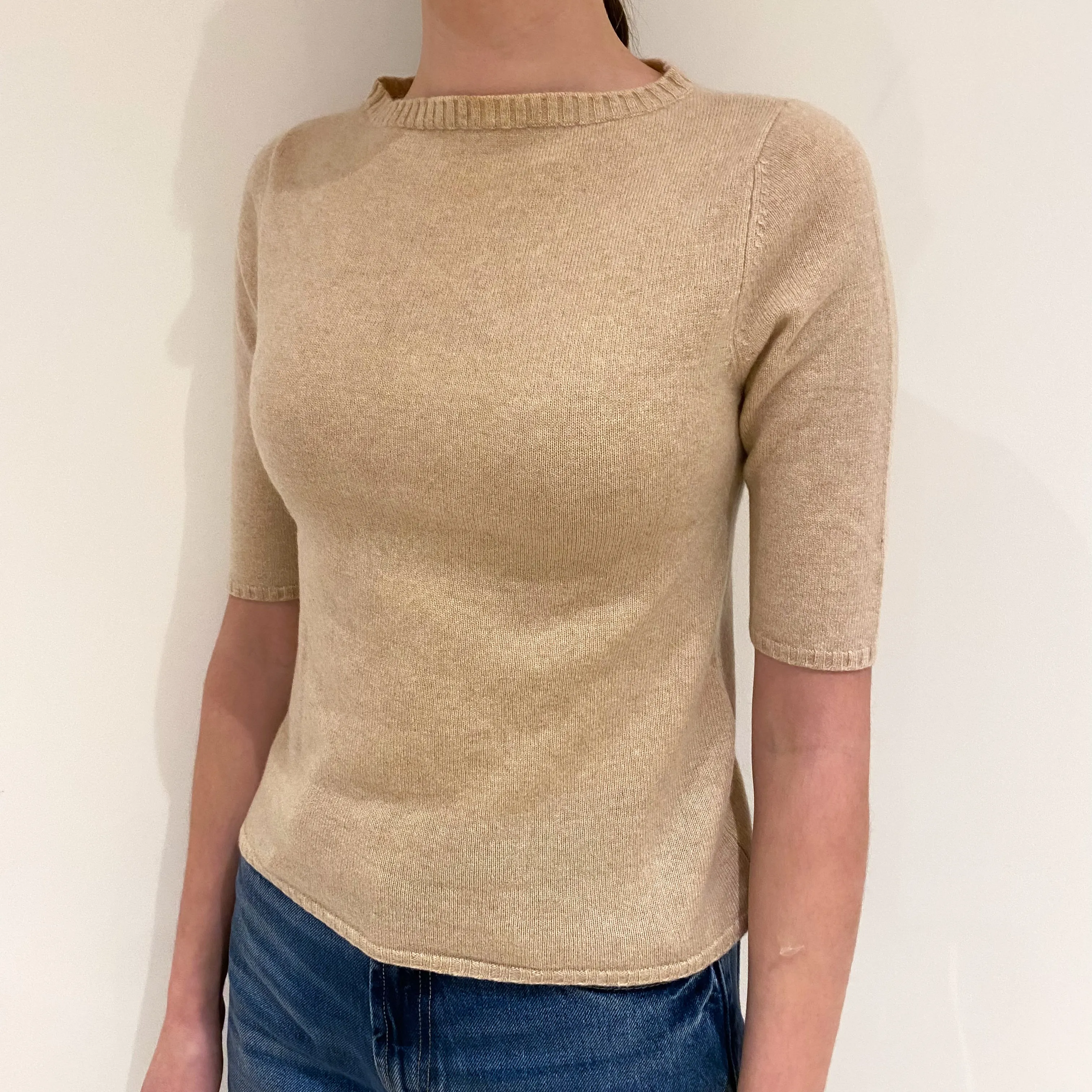 Beige Cashmere Short Sleeved Crew Neck Jumper Extra Small