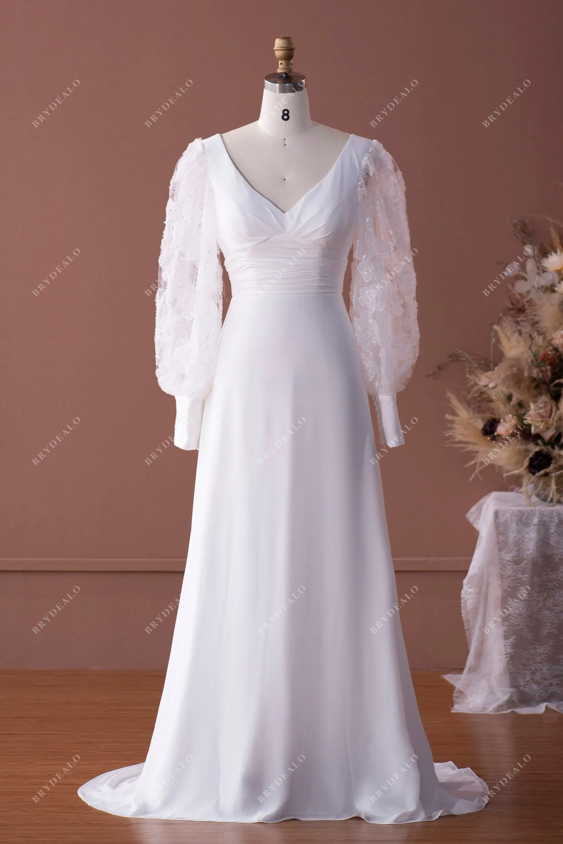 Bell Sleeve V-neck Chiffon Fit and Flare Wedding Dress