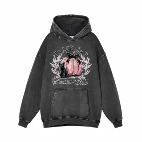 Black Cat Pink Pumpkin Club Vintage Washed Hoodie Sweatshirt