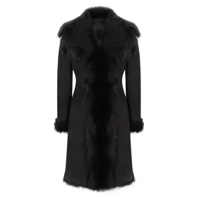 Black Luxury 3/4 Length Ladies Suede Real Toscana Sheepskin Coat Tailored Fit