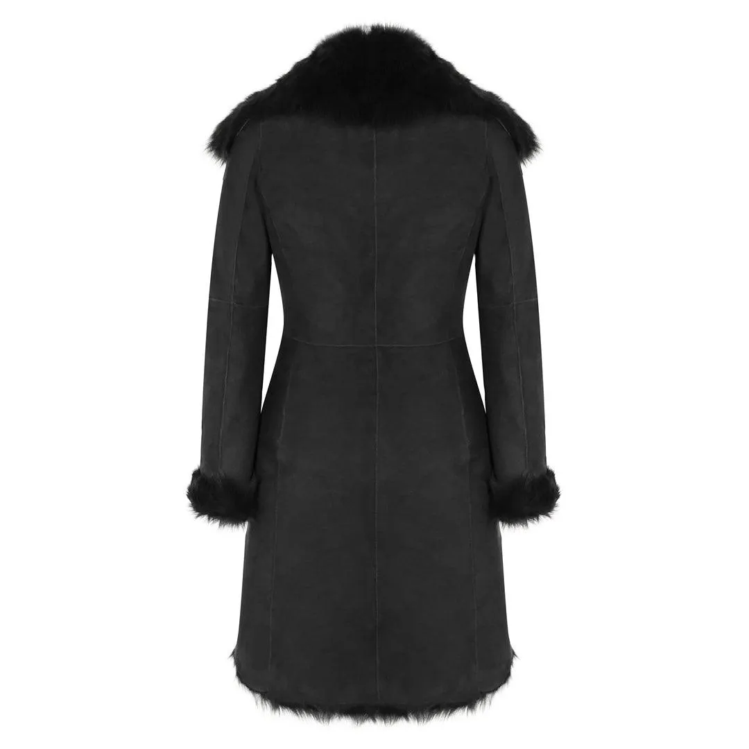 Black Luxury 3/4 Length Ladies Suede Real Toscana Sheepskin Coat Tailored Fit