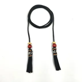 Black Suede Belt with Wooden Beads and Tassels