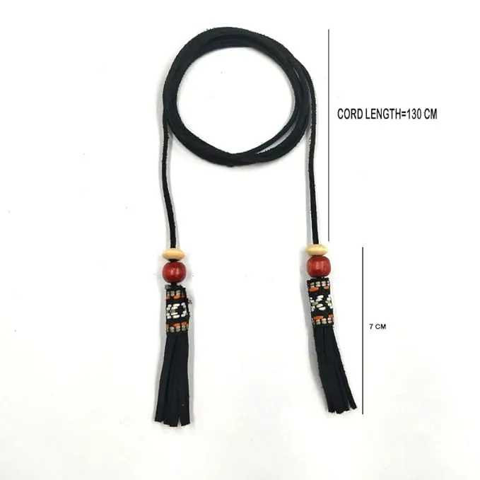 Black Suede Belt with Wooden Beads and Tassels