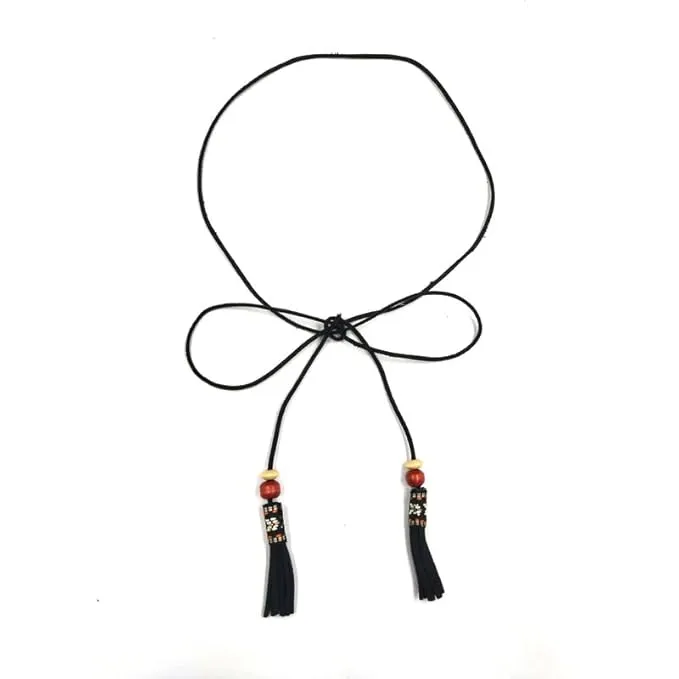 Black Suede Belt with Wooden Beads and Tassels