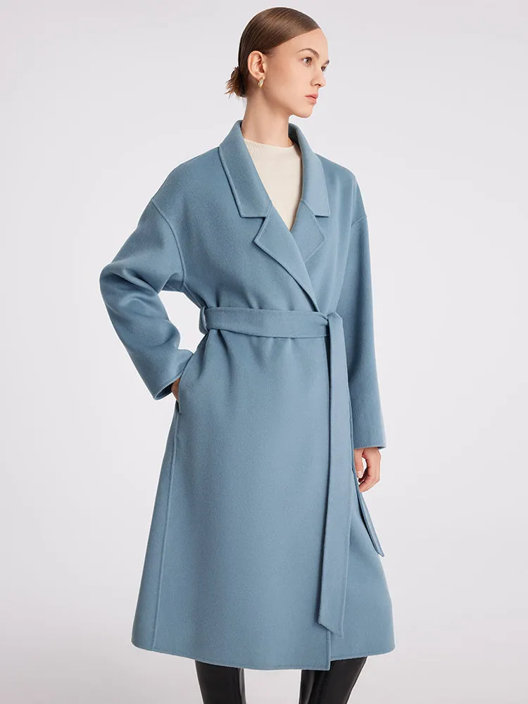 Blue Pure Double-Faced Wool Wrap Coat