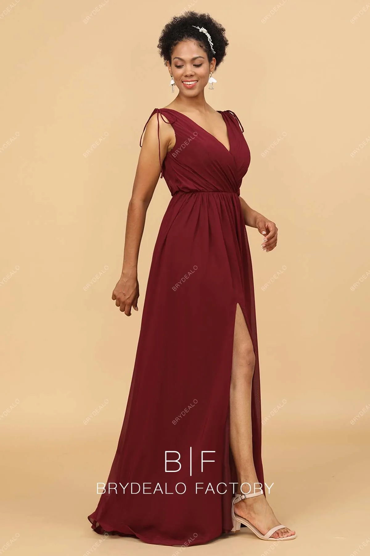 Burgundy Shoulder Tie Ruched Neck Long Chiffon Slit Bridesmaid Dress