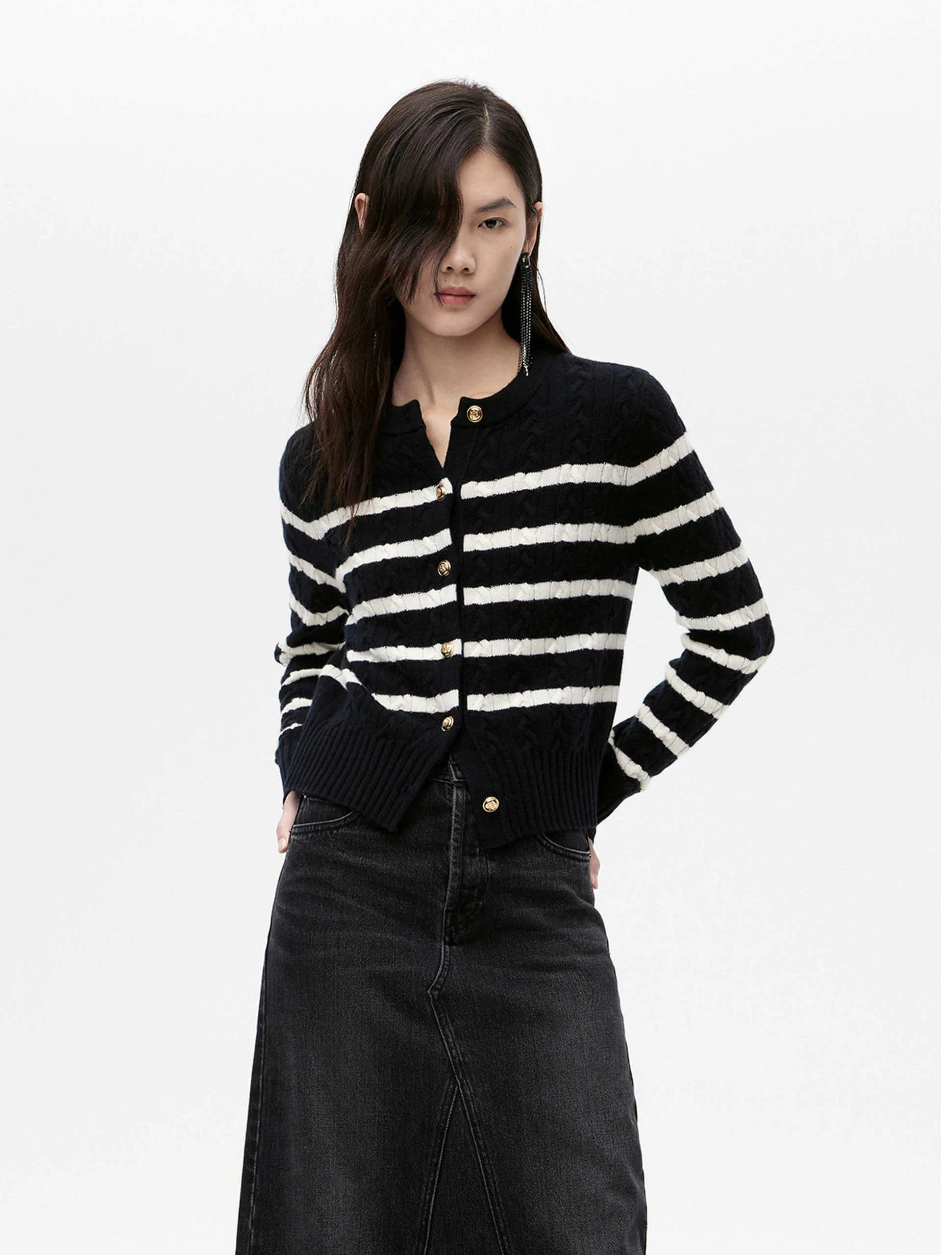 Cable Texture Striped Cardigan