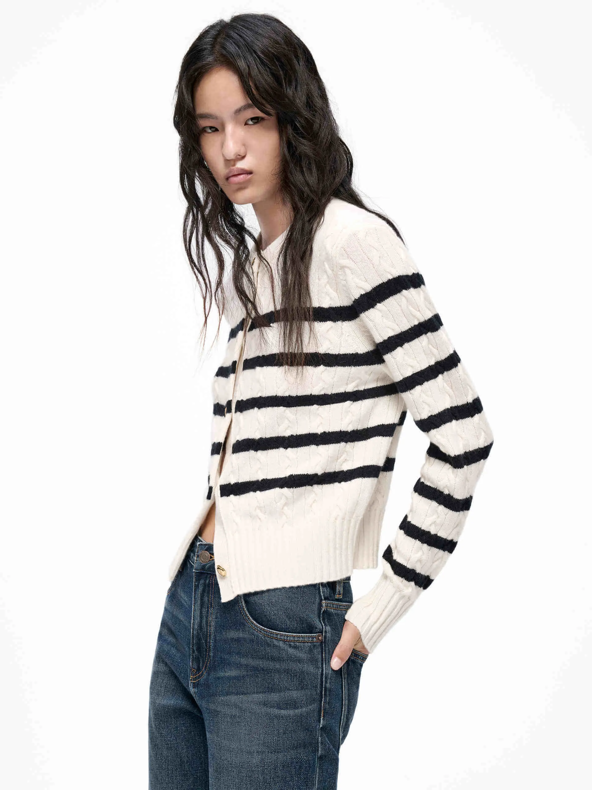 Cable Texture Striped Cardigan