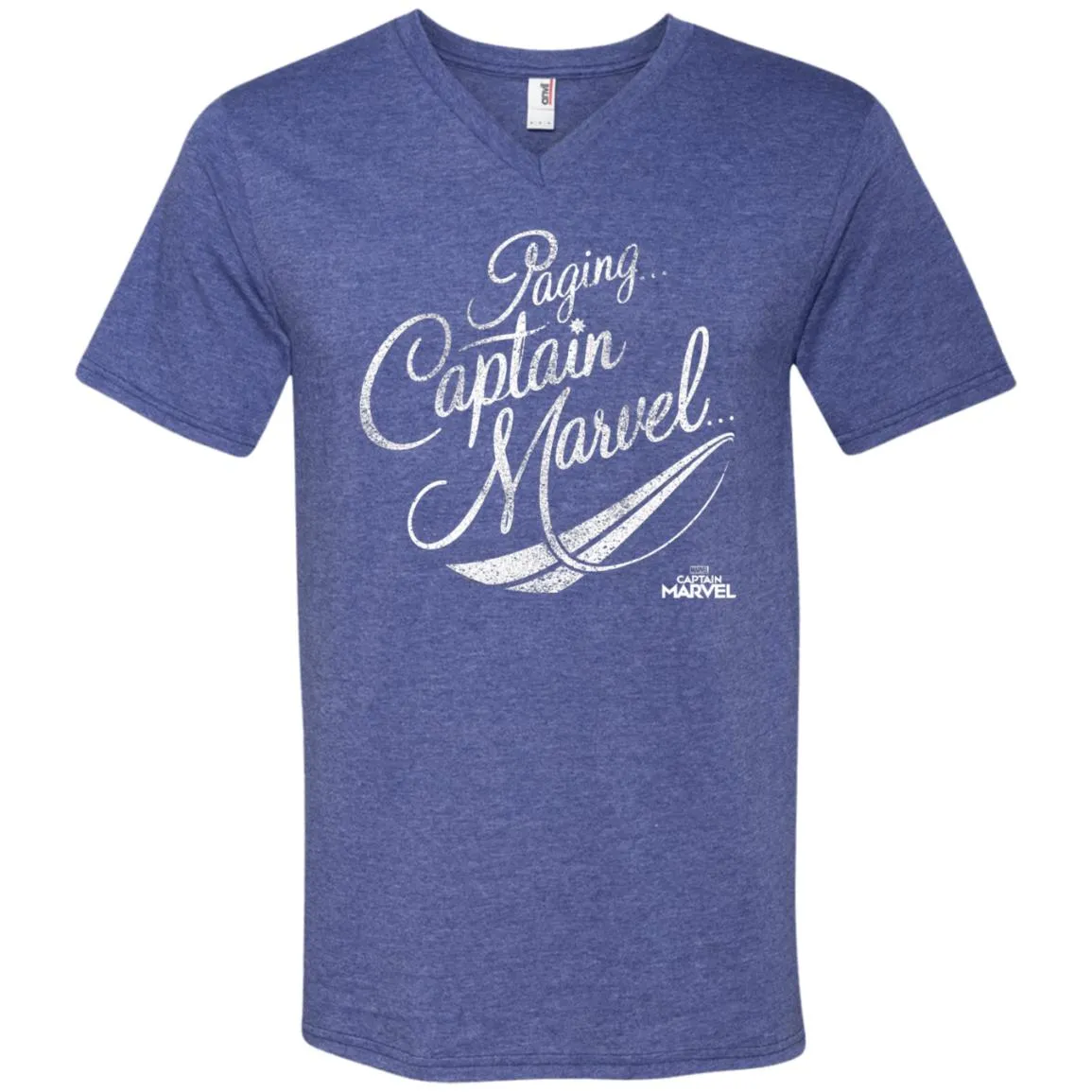 Captain Marvel Paging Distressed Cursive Men V-Neck T-Shirt