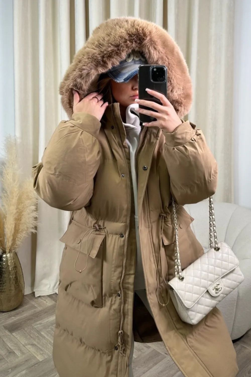 Carrie camel long puffer coat with faux fur hood