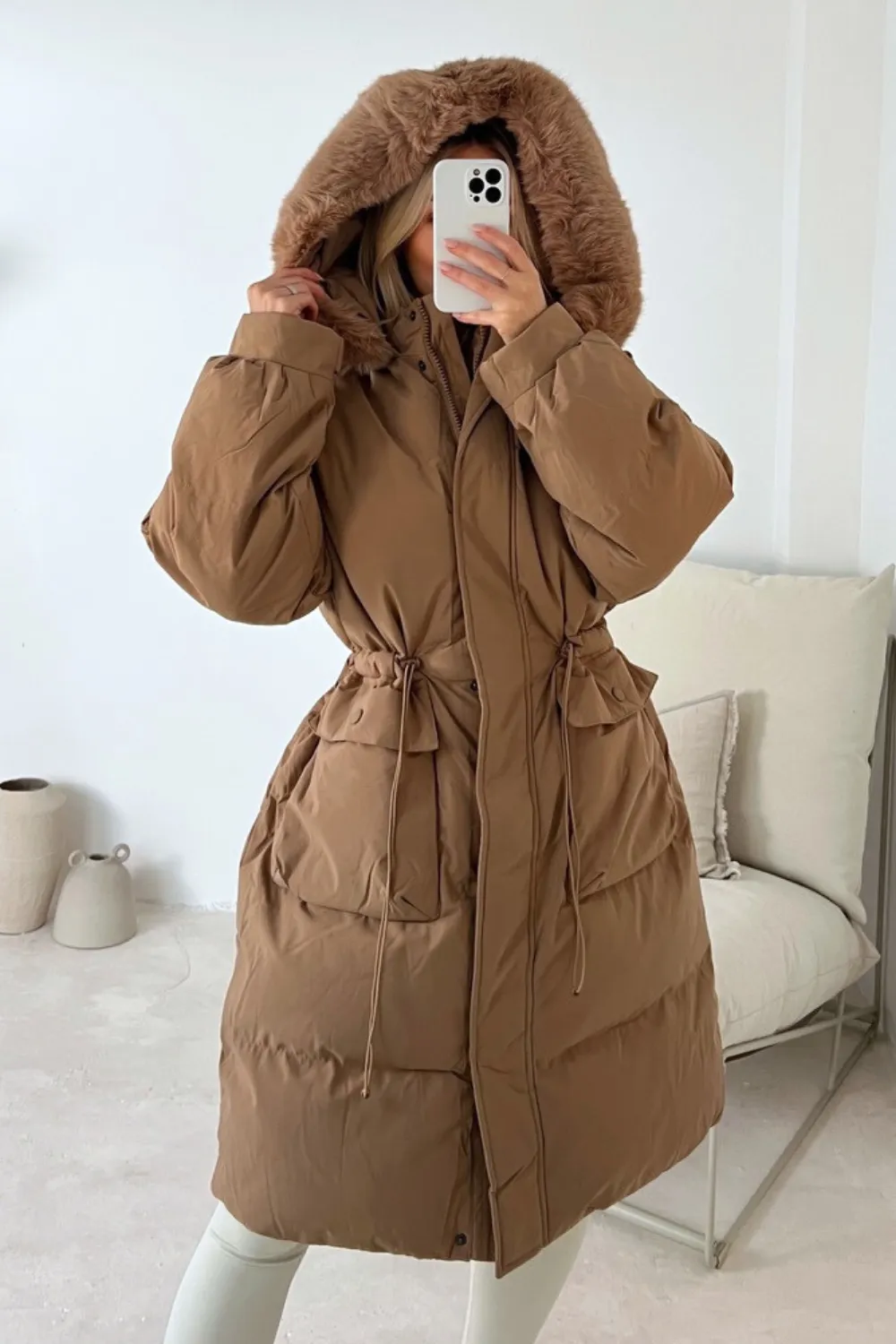 Carrie camel long puffer coat with faux fur hood