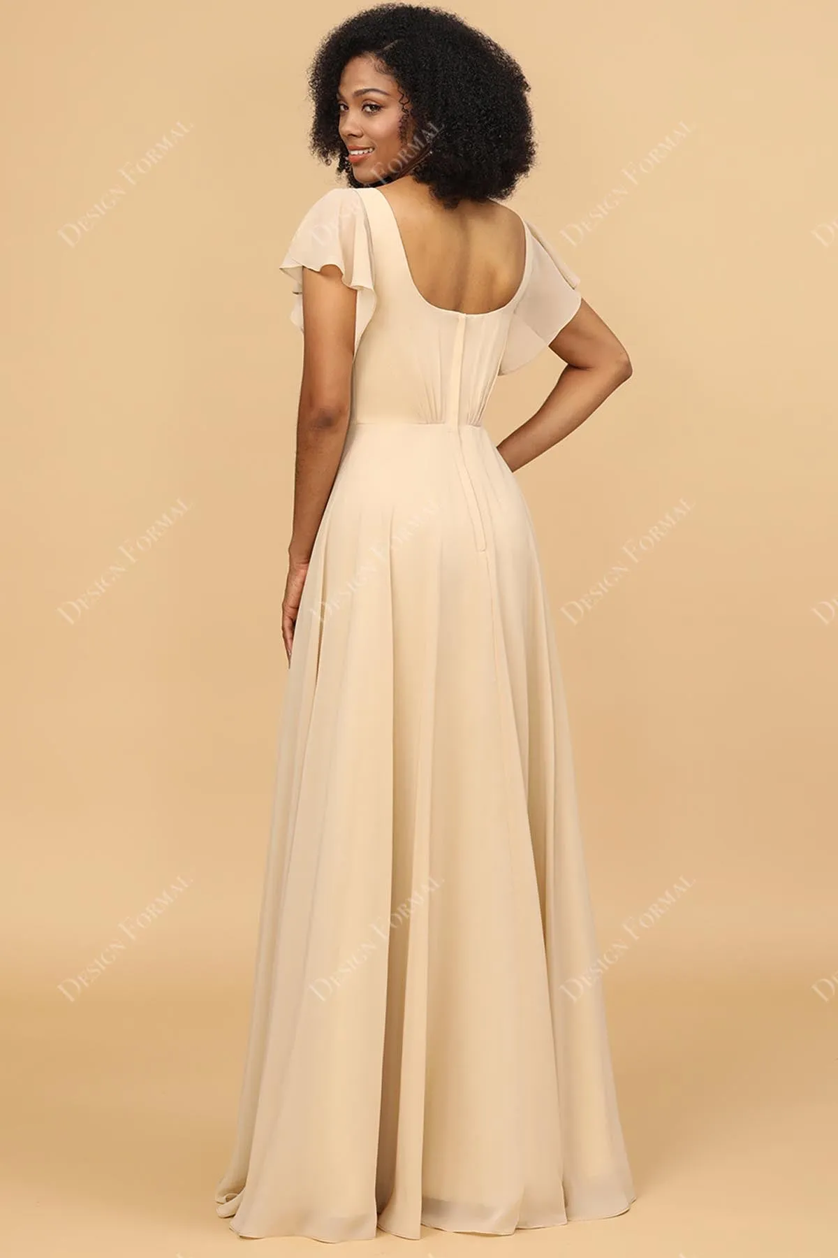 Champagne Chiffon Flutter Sleeves V-neck A-line Dress