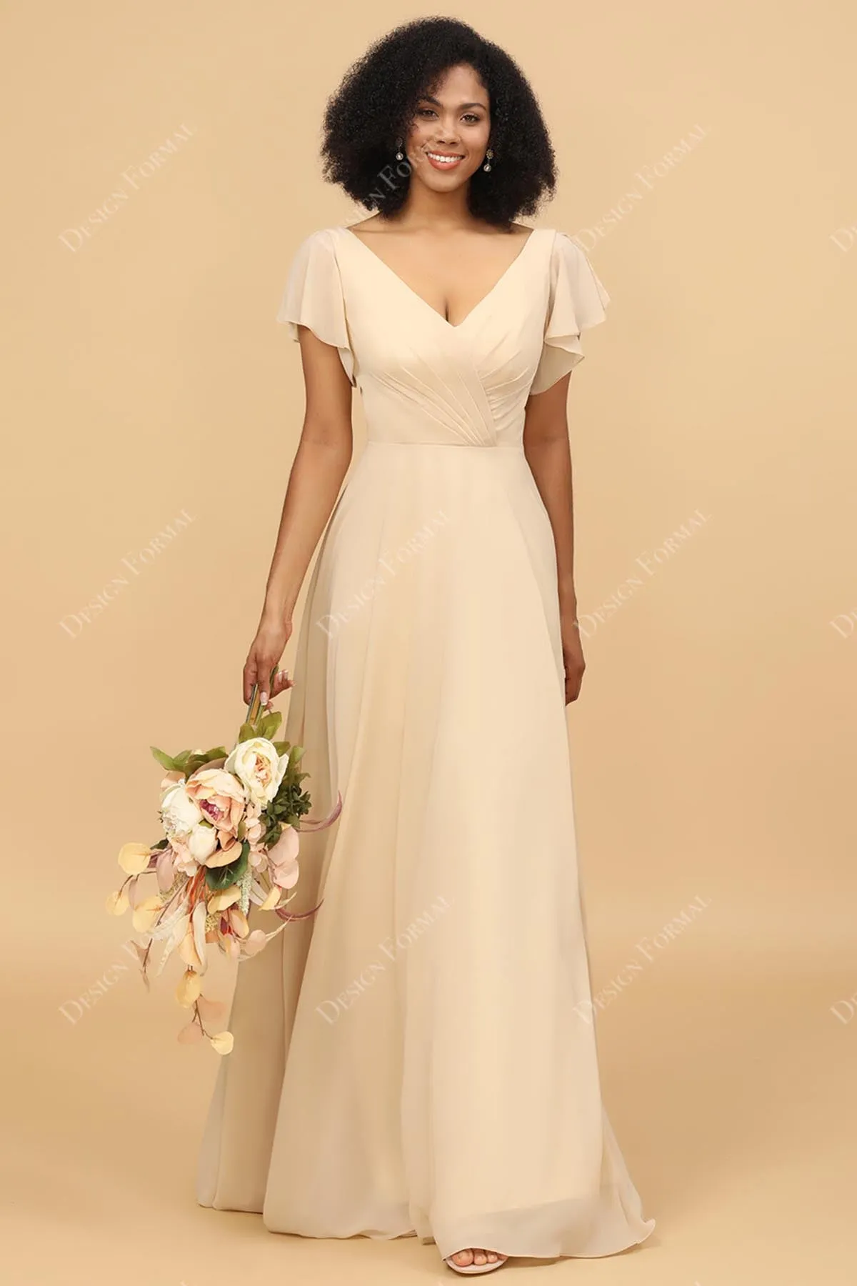 Champagne Chiffon Flutter Sleeves V-neck A-line Dress