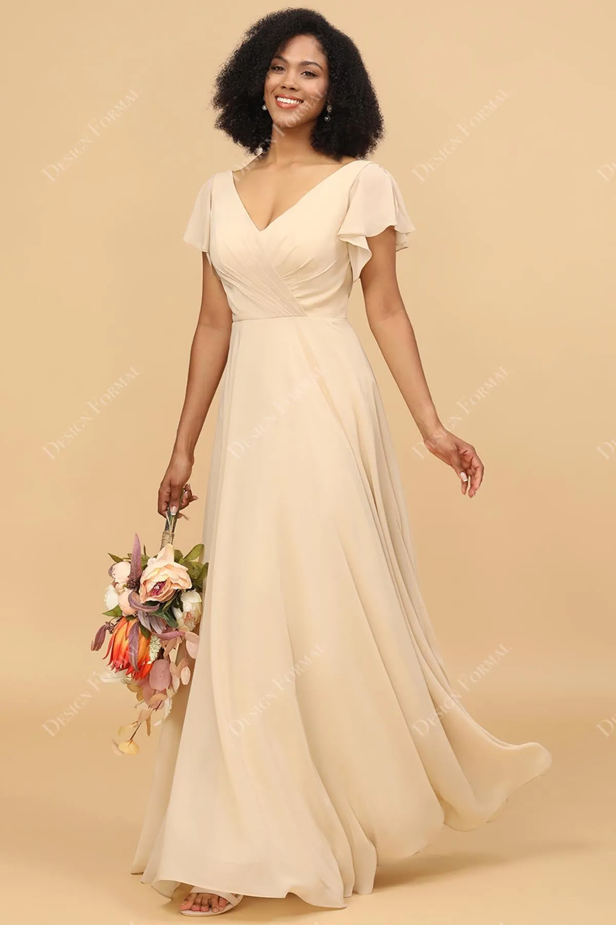 Champagne Chiffon Flutter Sleeves V-neck A-line Dress