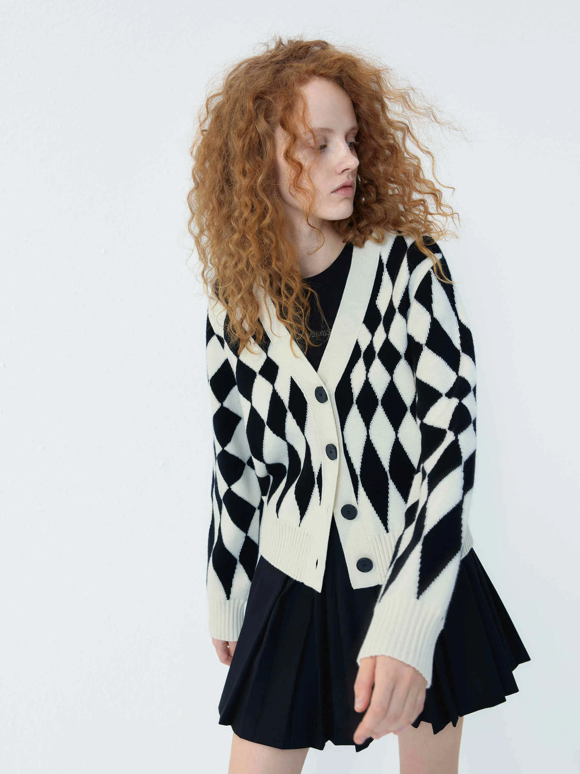 Checkered Pattern Wool Cardigan