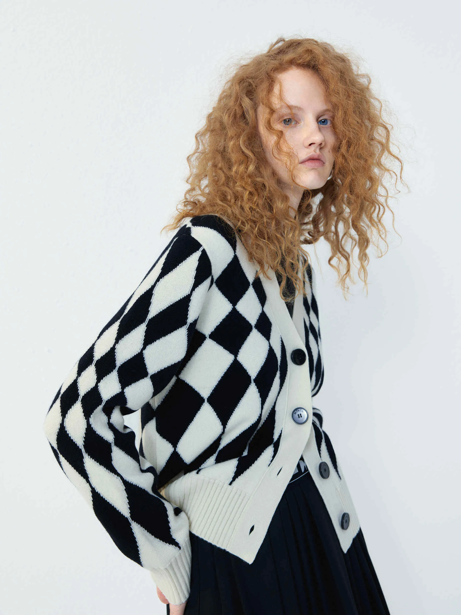 Checkered Pattern Wool Cardigan