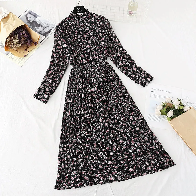 Chiffon dress women's new French Vintage Floral pleated skirt  2160