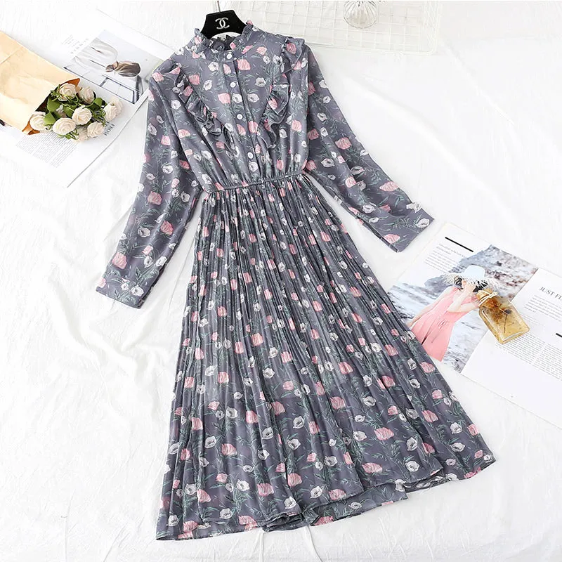 Chiffon dress women's new French Vintage Floral pleated skirt  2160