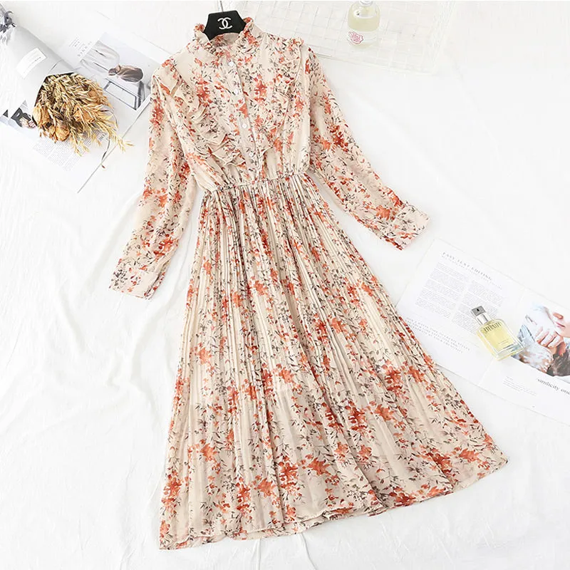 Chiffon dress women's new French Vintage Floral pleated skirt  2160