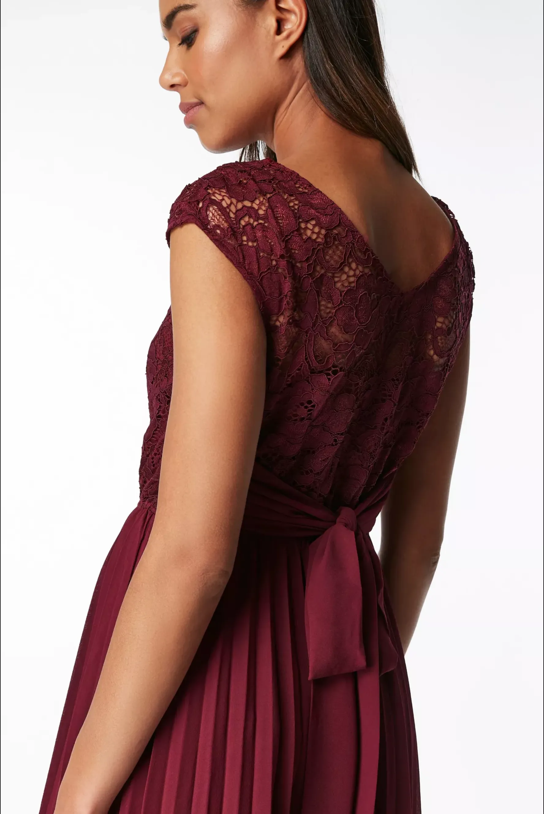 Cindy Lace Bodice Pleated Dress, Burgundy