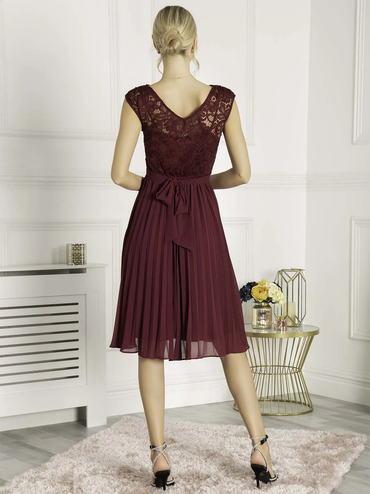 Cindy Lace Bodice Pleated Dress, Burgundy