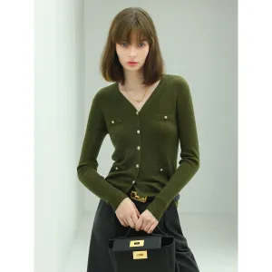 Classic V Neck Rib Green Knit Cardigan