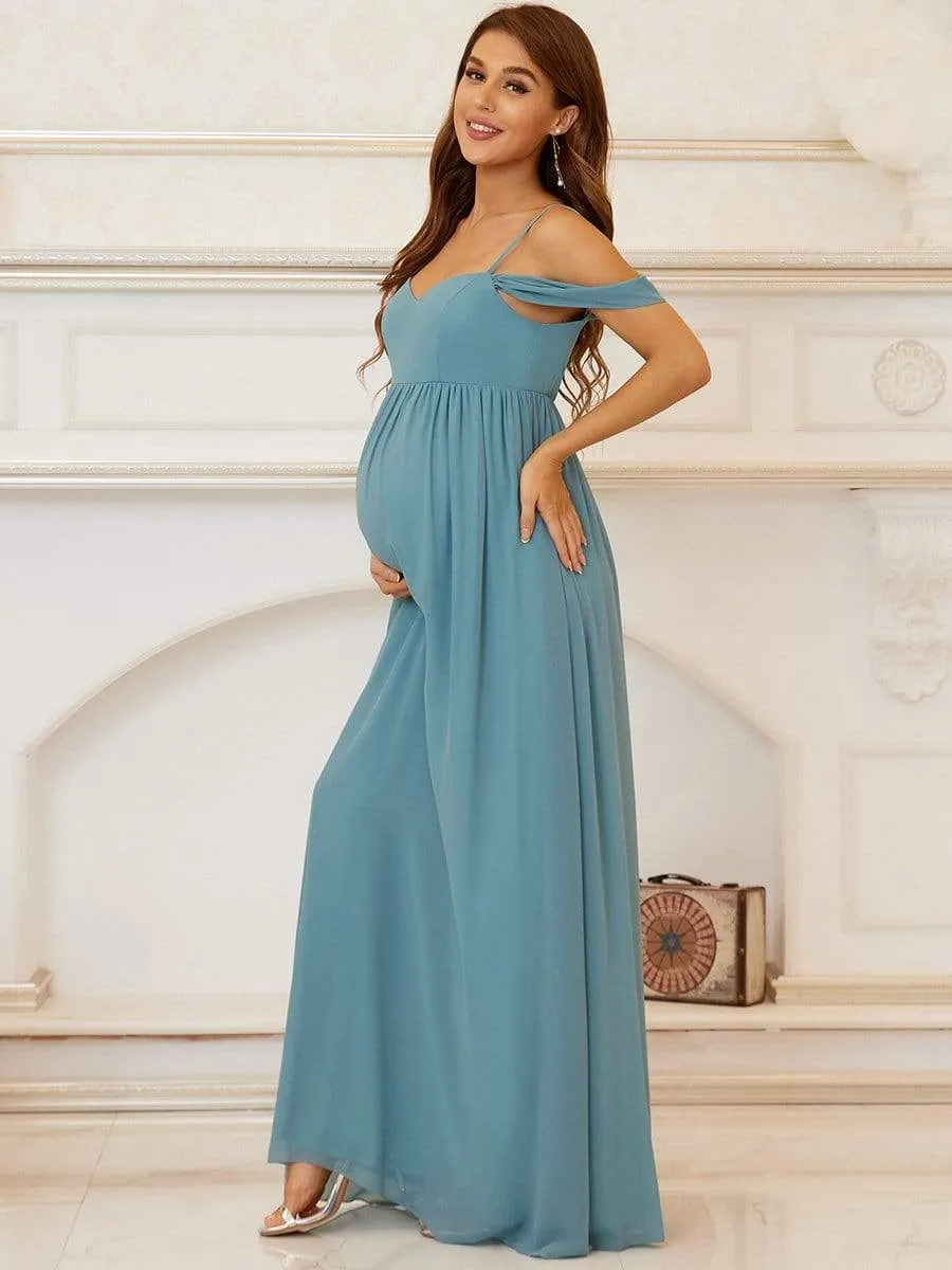 Cold-Shoulder Spaghetti Strap V-Neck A-Line Maternity Dress