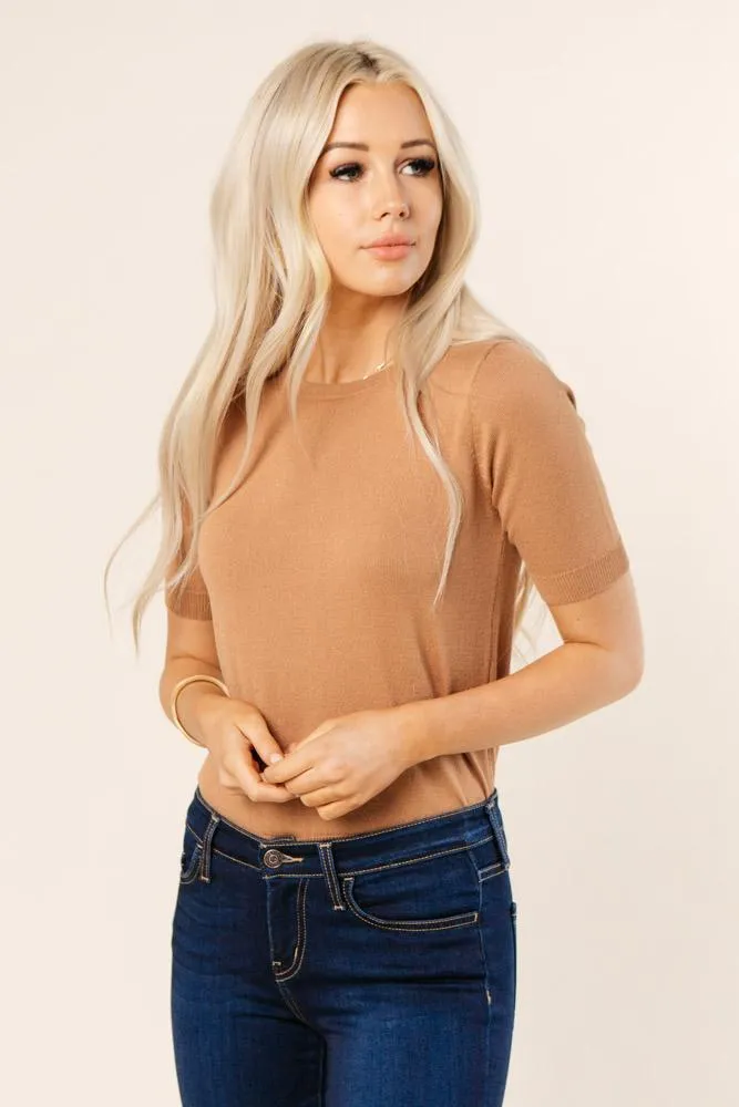 Daily Prep Short Sleeve Sweater in Camel - FINAL SALE