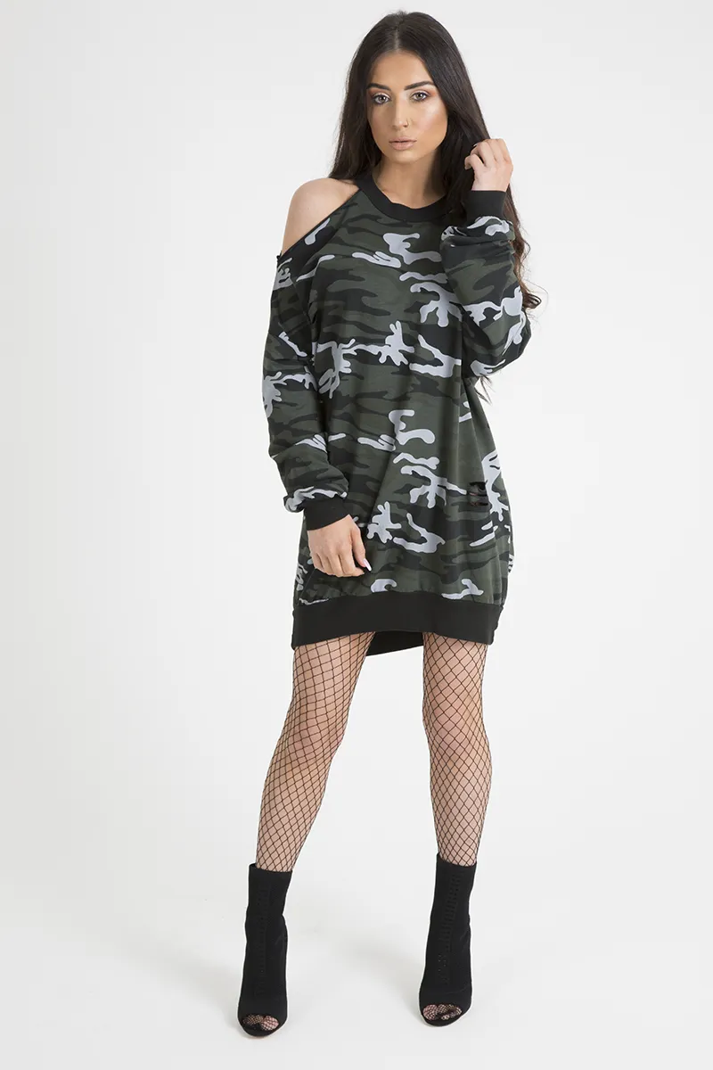 Dark Camo Cold Shoulder Jumper Dress - Acacia