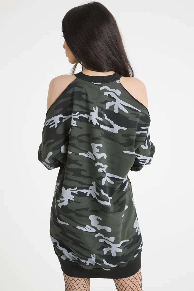 Dark Camo Cold Shoulder Jumper Dress - Acacia