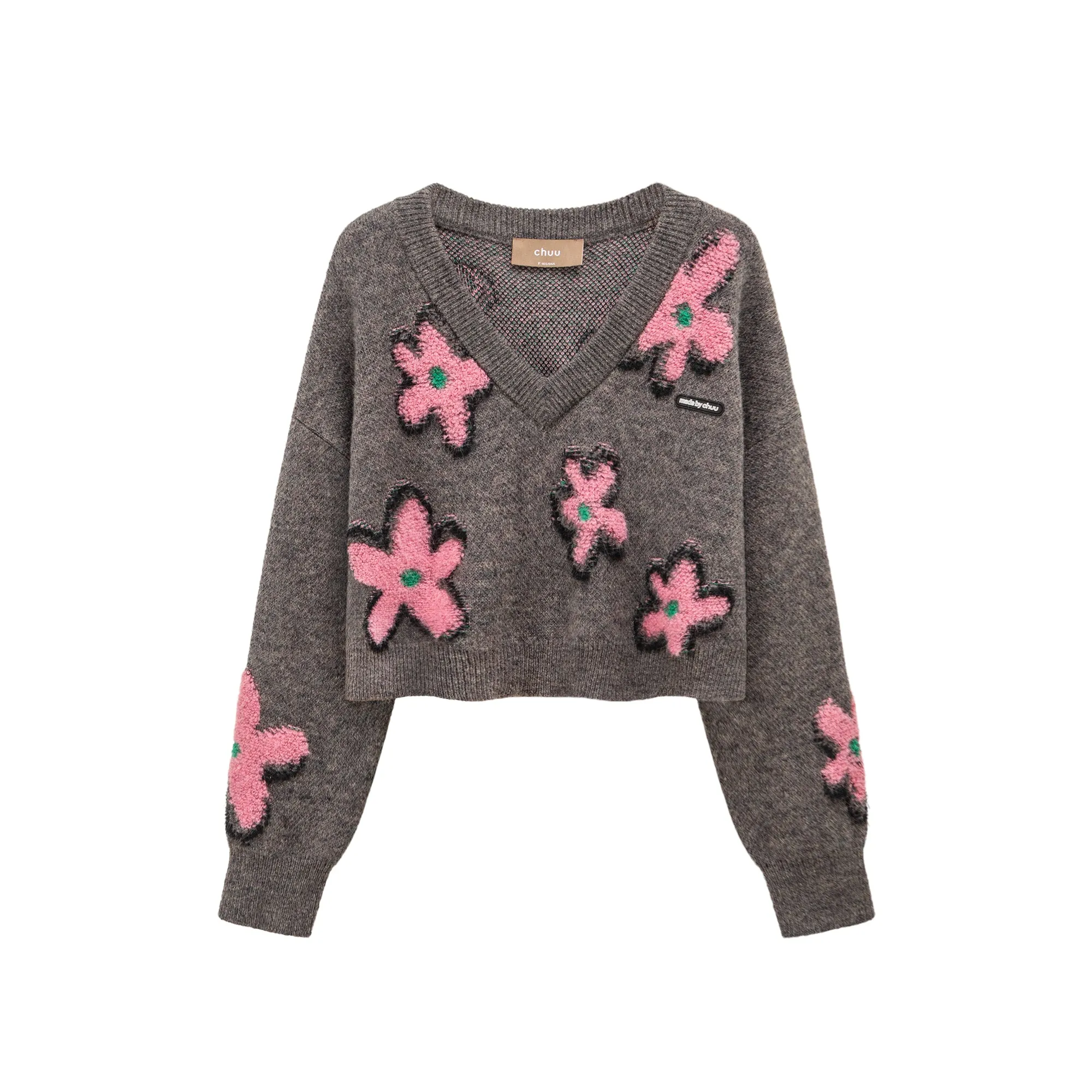 Dramatic Flowers Crop V-Neck Knit Sweater