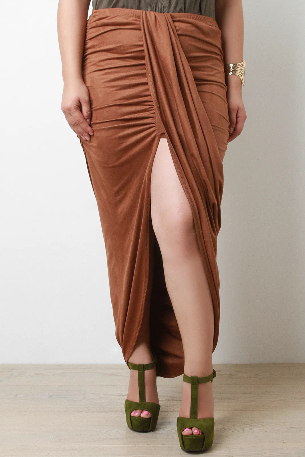 Draped Front Suede Maxi Skirt