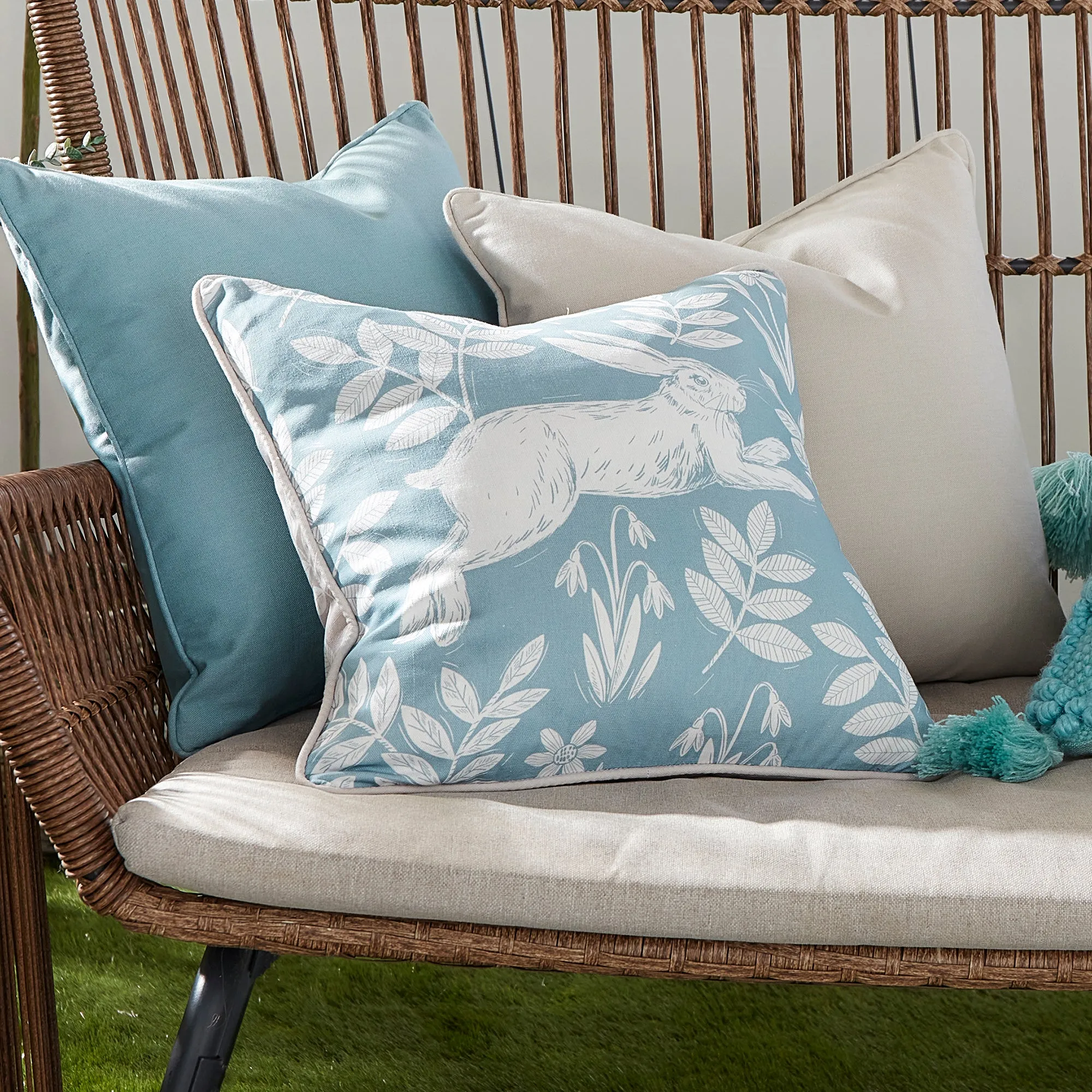 Dreams & Drapes Spring Rabbit Outdoor Cushion - Duck Egg