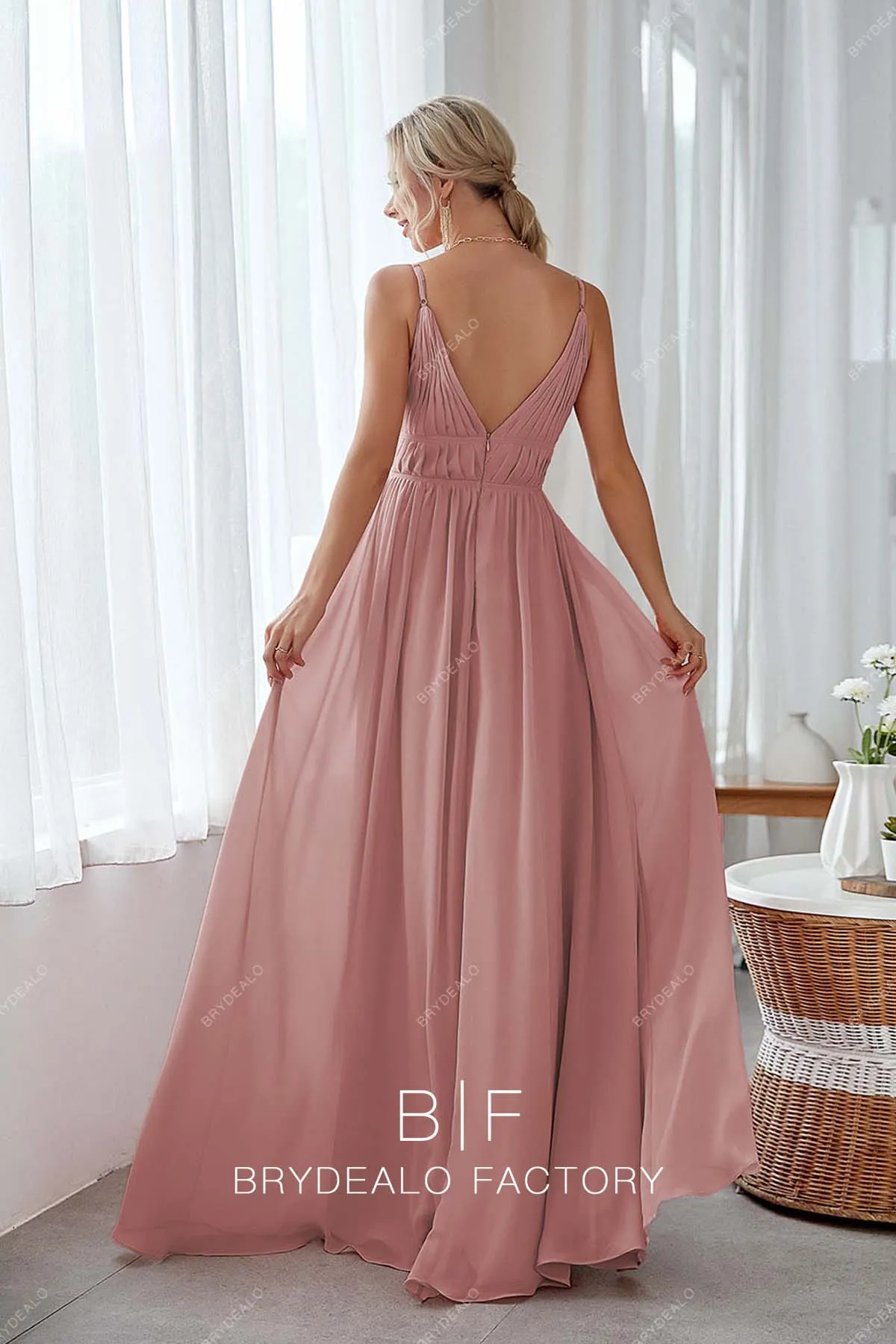 Dusty Rose Thin Straps Pleated Plunging A-line Chiffon Bridesmaid Dress